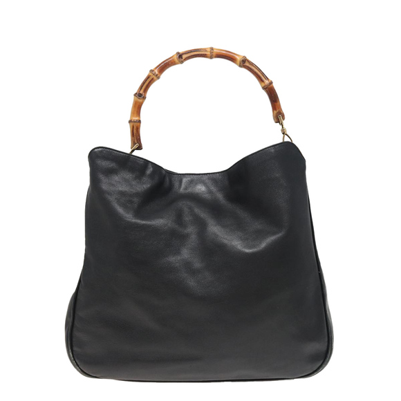 GUCCI Bamboo Hand Bag Leather 2way Black 001 1577 Auth 81330 - Picture 2 of 16